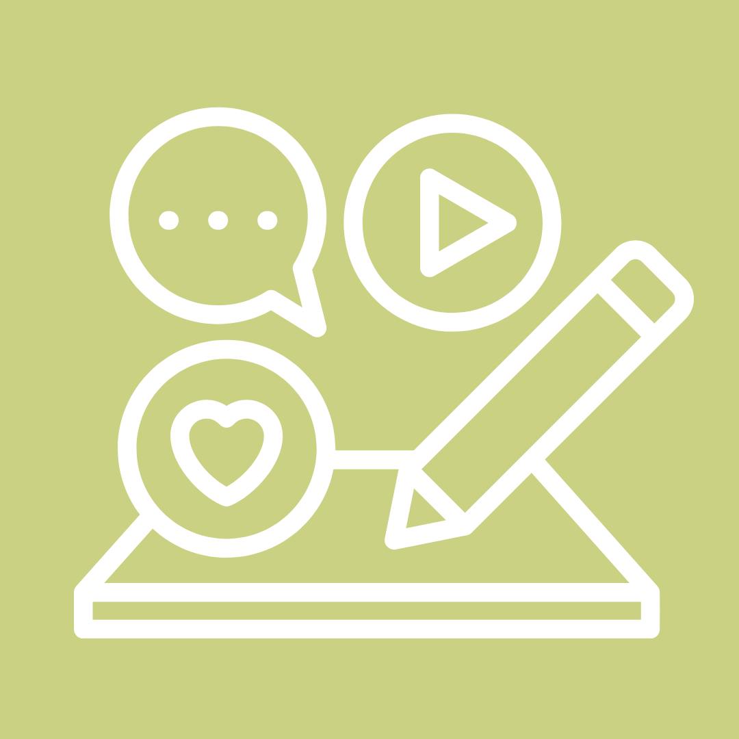 Oberhalb eines Blattpapiers sind ein Likesymbol, eine Sprechblase und eine Playtaste abgebildet