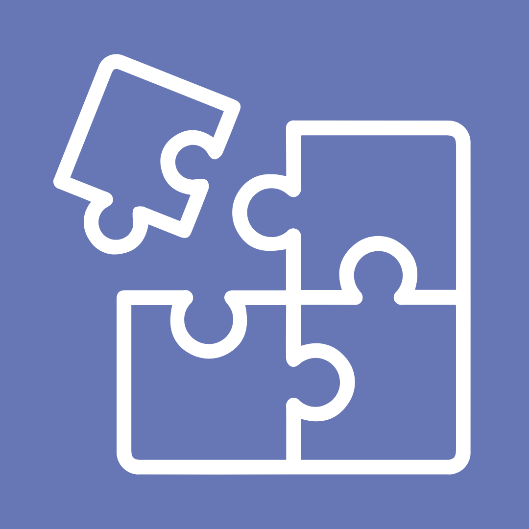 Drei Puzzleteile hängen zusammen, das vierte Puzzleteil schwebt in der Luft.